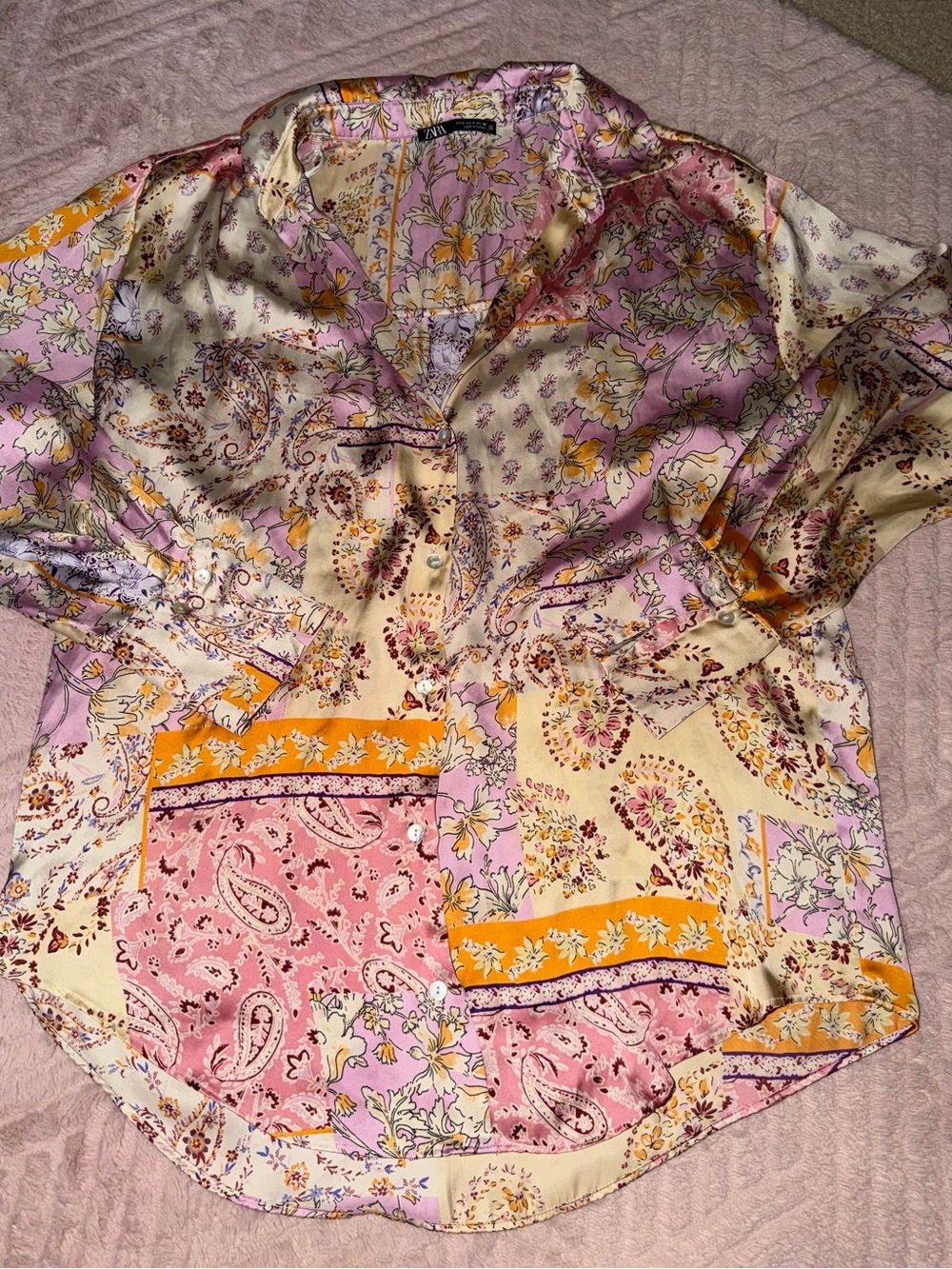Zara Patchwork Floral Button-Down Shirt — Pink, Cream & Orange